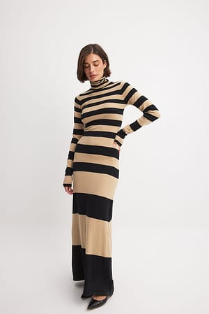 Black/Camel Fine Knitted Striped Maxi Dress