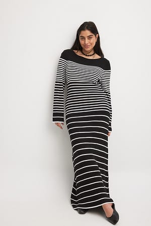 Black/White Stripe Fine Knitted Striped Midi Dress