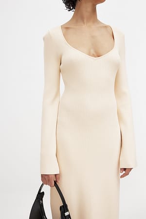 Off White Fine Knitted Trumpet Sleeve Midi Dress