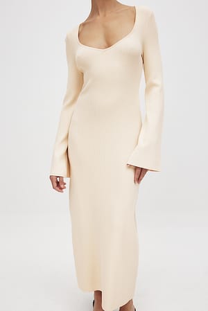 Off White Fine Knitted Trumpet Sleeve Midi Dress