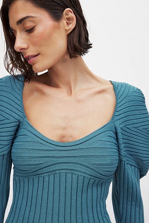 Blue Fine Knitted Volume Sleeve Top