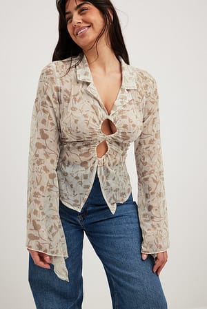 Flower Melange Fitted Long Sleeve Chiffon Blouse