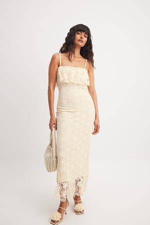 Offwhite Flounce Crochet Midi Dress