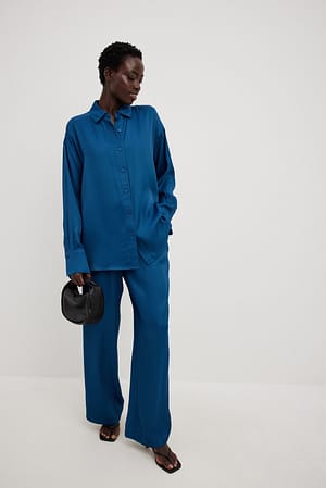 Blue Flowy Elastic Waist Trousers