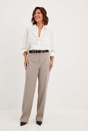 Grey Flowy Straight Leg Suit Pants