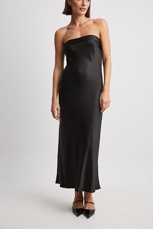 Black Fold Detail Bandeau Satin Dress