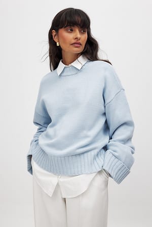 Blue Folded Sleeve Knitted Sweater