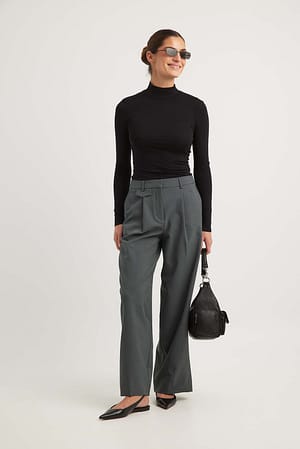 Grey Front Pocket Detail Mid Waist Suit Pants