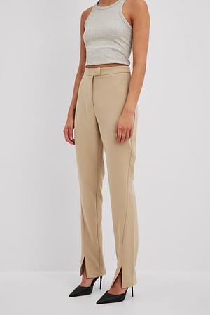 Beige Front Slit Suit Pants