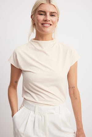 Creme Funnel Neck Cap Sleeve Top