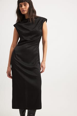 Black Funnel Neck Open Back Midi Dress