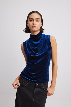 Navy Funnel Neck Velvet Top