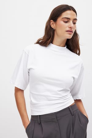 White Funnel Neck Shaped Cotton T-shirt