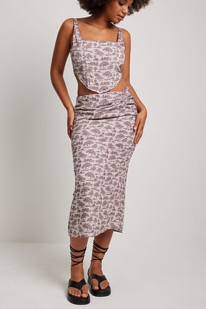 Beige Print Gathered Detailed Midi Skirt