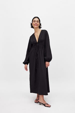 Black Gathered Drawstring Midi Dress