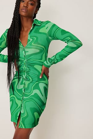 Green Print Gathered Mini Dress