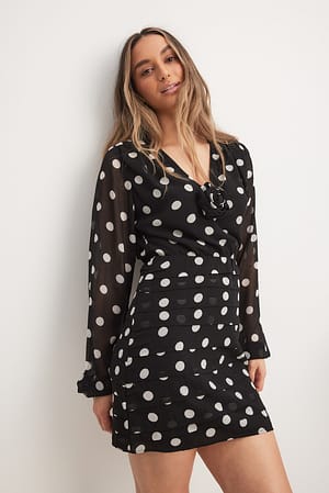 Dot Print Gathered V-Neck Mini Dress