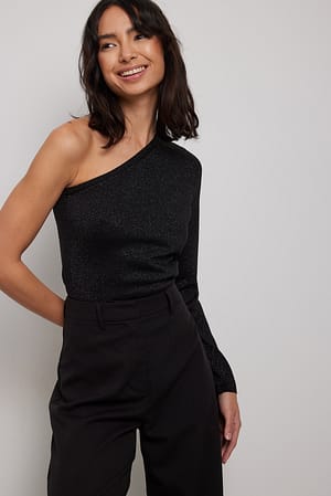 Black Glitter Knitted One Shoulder Top