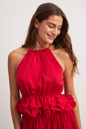 Red Halterneck Cropped Ruffle Top