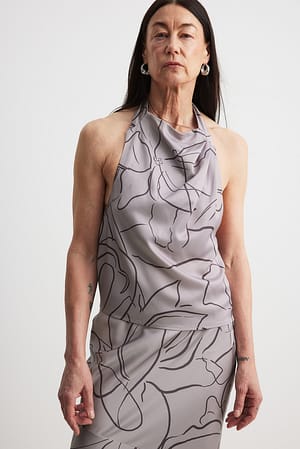 Grey Print Halterneck Satin Draped Top