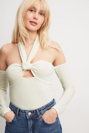 White Halterneck Tie Long Sleeve Top