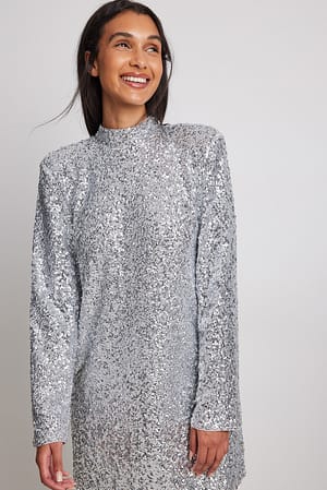 Silver High Neck Sequin Mini Dress