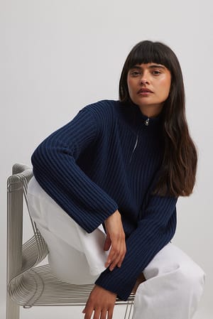 Navy High Neck Zipped Knitted Sweater