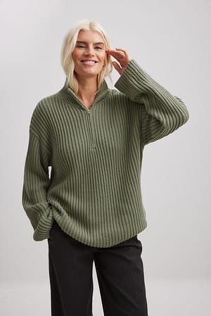 Khaki High Neck Zipped Knitted Sweater