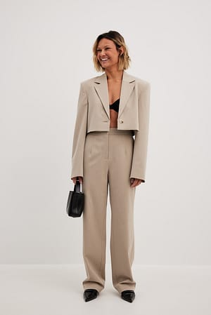 Beige High Waist Pinstriped Straight Leg Suit Pants