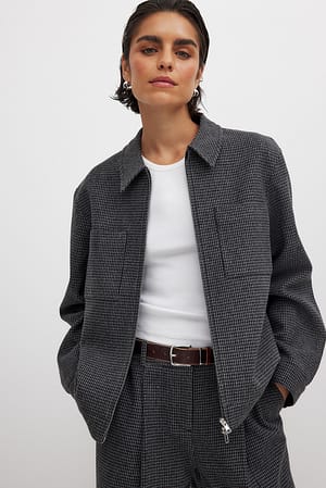 Grey Houndstooth Zip Jacket