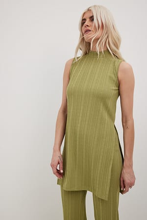 Khaki Irregular Rib Side Slit Top