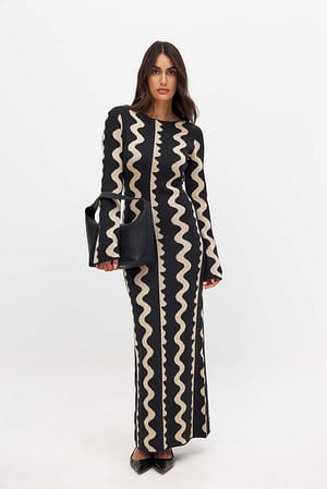 Beige Stripe Jacquard Knitted Maxi Dress