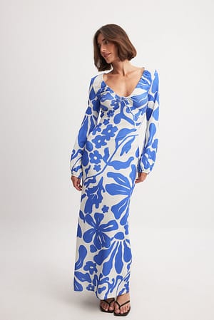 Blue Print Jersey Balloon Sleeve Midi Dress