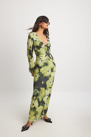 Flower Print Jersey Balloon Sleeve Midi Dress