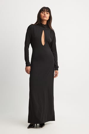 Black Jersey Cut Out Detail Waterfall Maxi Dress