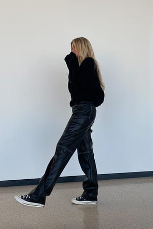 Black Contrast Stitch PU Pants