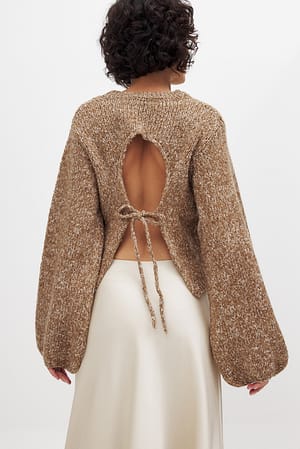 Beige Knitted Open Back Balloon Sleeve Sweater