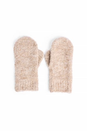 Beige Knitted Bouclé Look Mittens