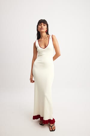 White Knitted Contrast Binding Maxi Dress