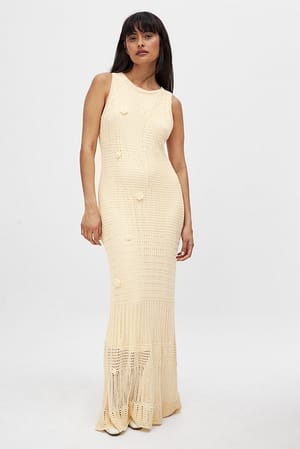 Beige Knitted Crochet Maxi Dress