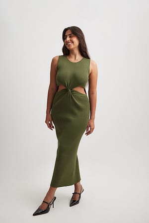 Khaki Knitted Cut Out Midi Dress