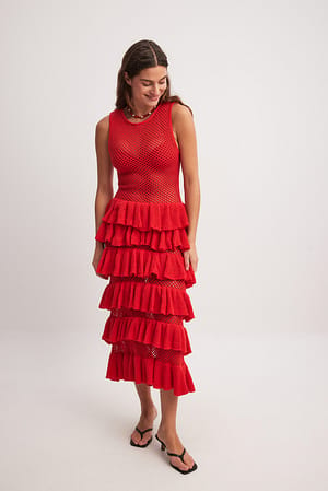 Red Knitted Frill Dress