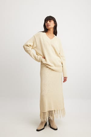 Beige Knitted Fringe Detail Midi Skirt