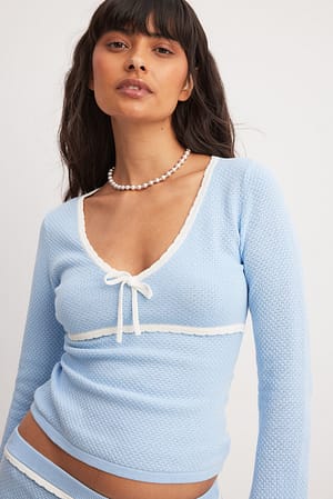 Light Blue Knitted Long Sleeve Tie Detail Top