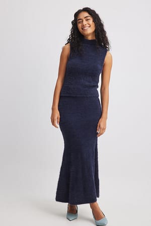 Navy Knitted Low Waist Maxi Skirt