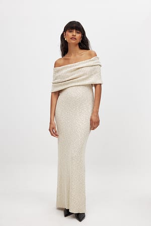 Beige Knitted Off Shoulder Maxi Dress