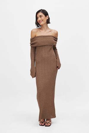 Beige Knitted Offshoulder Midi Dress