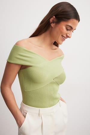 Light Green Knitted Off Shoulder Top