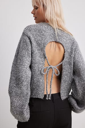 Dark Grey Knitted Open Back Balloon Sleeve Sweater