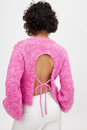 Pink Knitted Open Back Balloon Sleeve Sweater